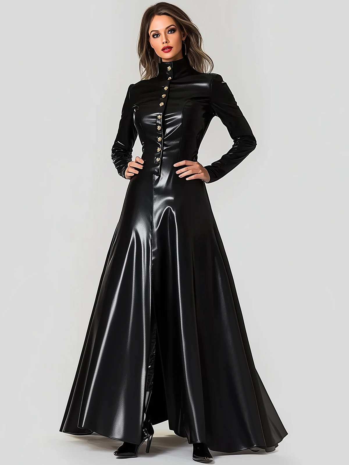 Women's PU Faux Leather Long Dress Button Turtleneck Long Sleeve Elegant Vintage Casual High Street