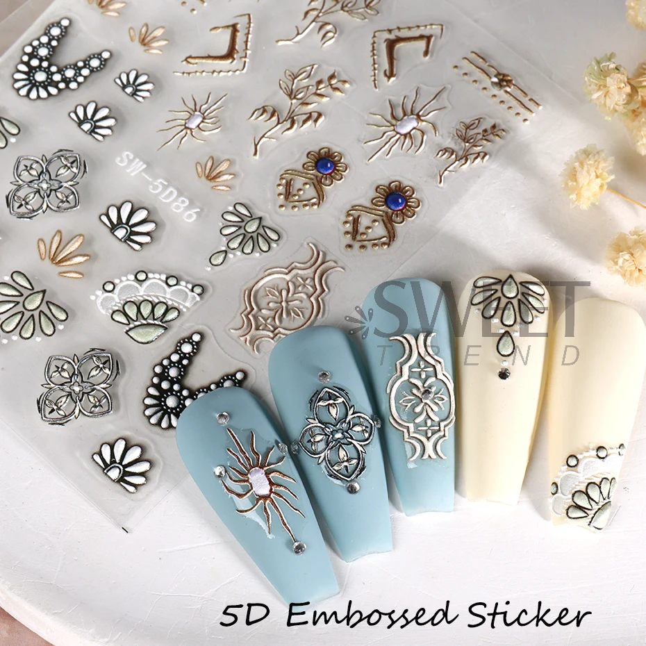 5D Acrylic Bohemia Flowers Nail Embossed Sticker Brown Filigree Lace Tribe Design Adhesive Decal Charms Textured Decoration SASW