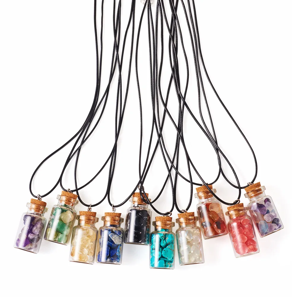 10Pcs/Set Natural & Synthetic Gemstone Chip Wishing Bottle Clear Charm Necklaces with Wax Rope Jewelry Gifts Glass Bottle