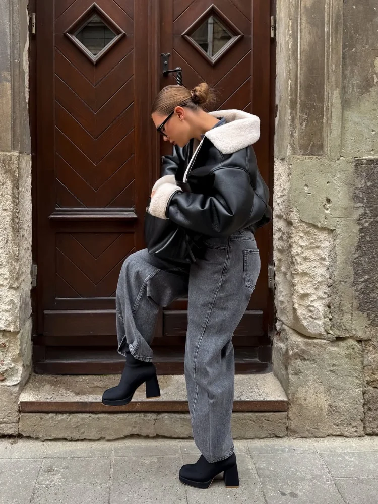 Giacca in pelle con collo in pelliccia sintetica solida Moda donna Risvolto a contrasto Manica intera Giacche corte larghe 2025 Cappotto da strada invernale da donna