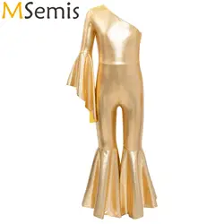 Kids Girls Metallic Shiny Bell-Bottom Dance Jumpsuit Ballet Ballroom Jazz Dance Costumes One Shoulder Flare Sleeve Bodysuit