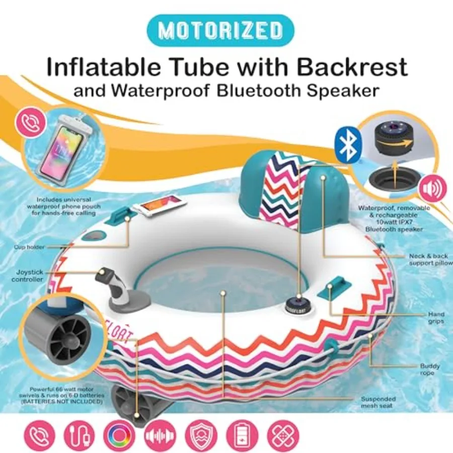 Motorized inflatable pool float lounger tube for outdoor water use PVC material blue color 66W motor and Bluetooth 5 IPX7 water