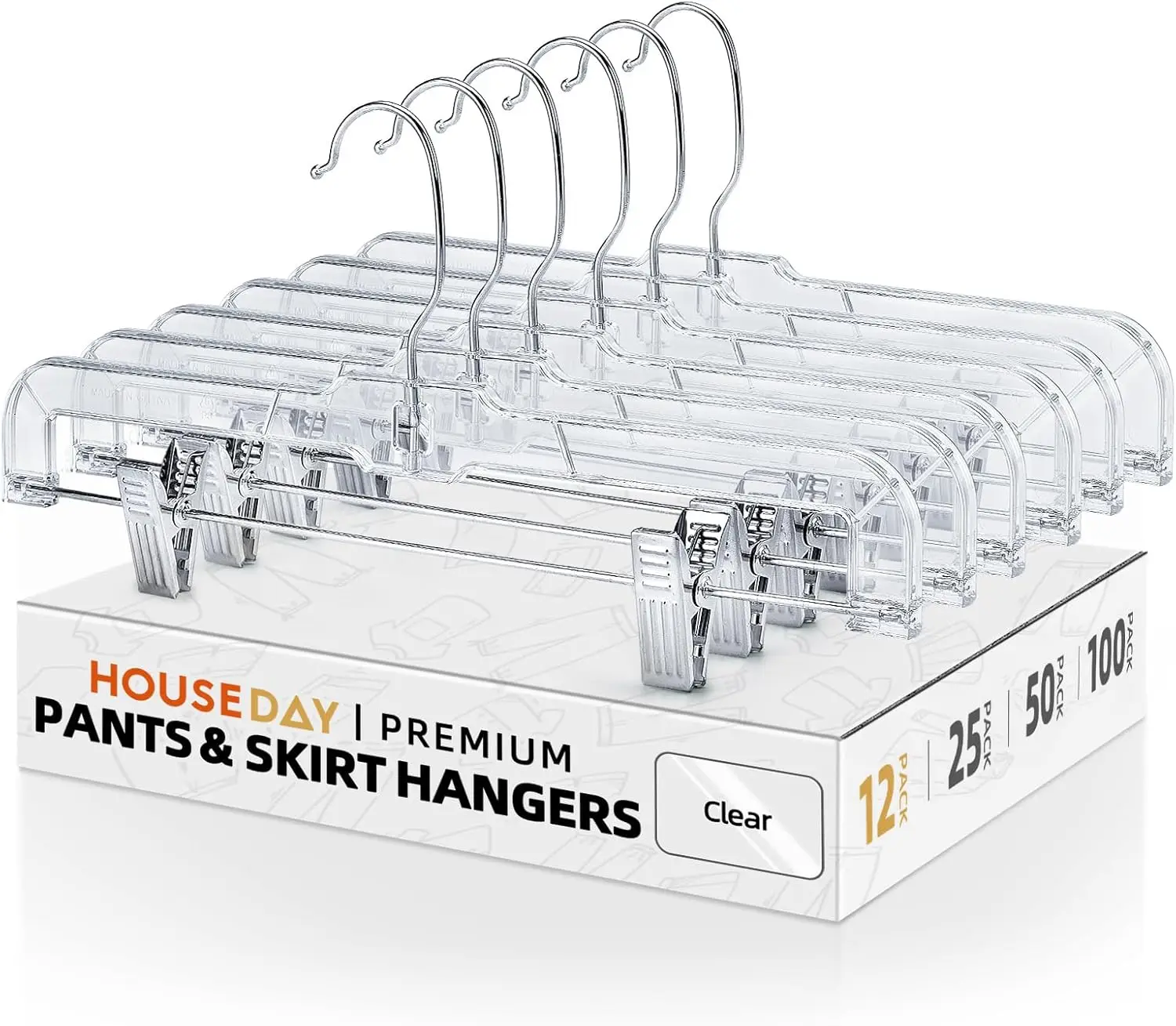 

12 Pack 14 inch Clear Plastic Skirt Hangers with Adjustable Clips, Pants Hangers 360-Rotating Swivel Hook, Clip Hangers for Pants, Trousers, Skirts, Jeans, Bulk Plastic Hangers