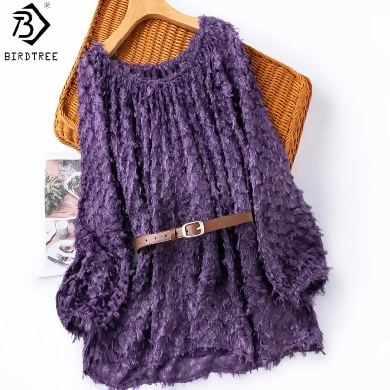 

Блузка Birdtree из 100% шелковой ткани, с вырезом-лодочкой и длинными рукавами, женская шифоновая рубашка с эффектом выжигания, двухслойная, новинка 2026 года T64138JF