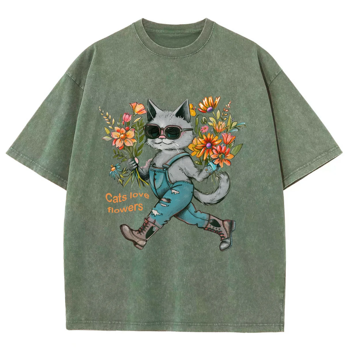 Cute Blue Cat Anthropomorphic Print Women's T-Shirt Loose Wash Oversized Short Sleeve Fashion Design Casual Funny Style Top 2024