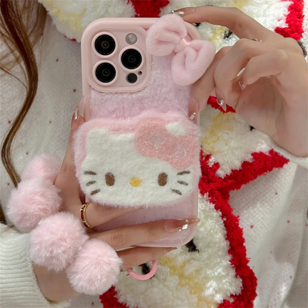 Luxury 3D Hello Kitty Phone Chain Wrist Strap Soft Case For iPhone 16 15 Pro Max 14 13 12 Cute Warm Fur Fluffy Cover For Winter