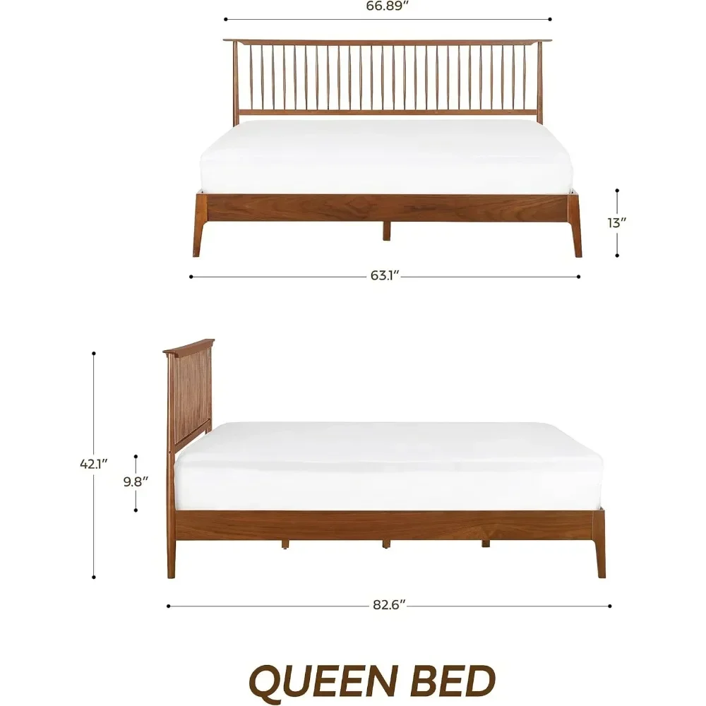 Ruby Wooden Bed Frame with Headboard, Crafted from Walnut, Rubber Wood with Silent Slats and Wood Central Supports, 1000 Lb