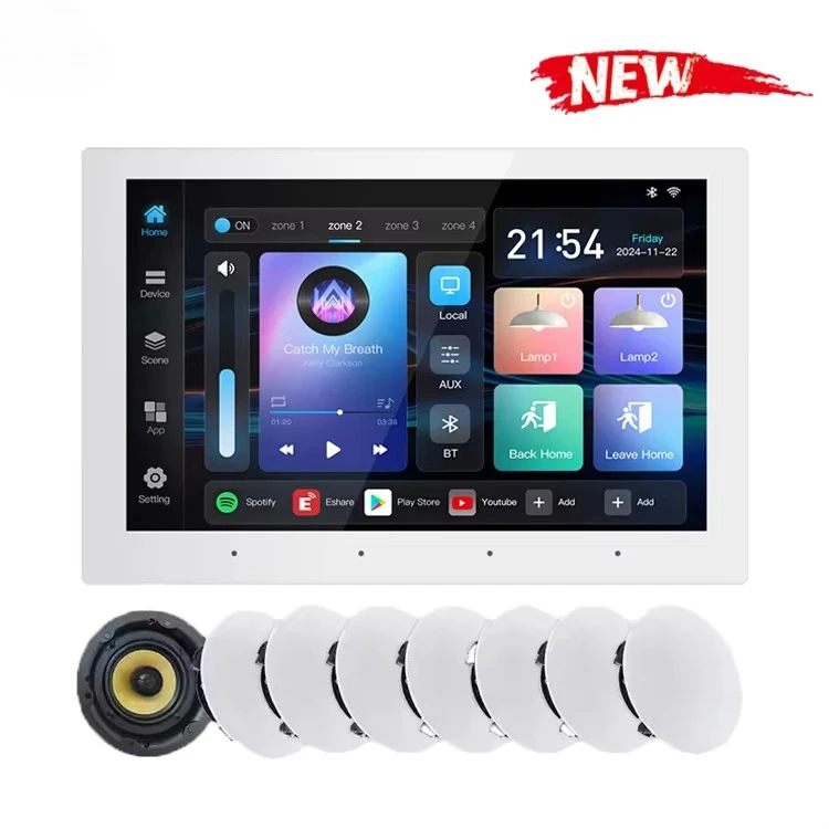 4 Zone Android 11 Background Music Host 4+32G Wall Amplifier Play Music Separately 8*30W Smart House Devices DHNL Airplay 10Inch