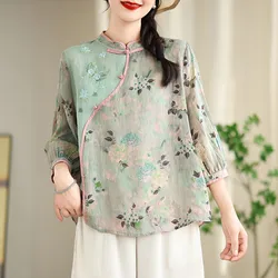 Chinese Style Women Casual Shirt New 2024 Summer Vintage Mandarin Collar Floral Embroidery Loose Female Tops Shirts B3889