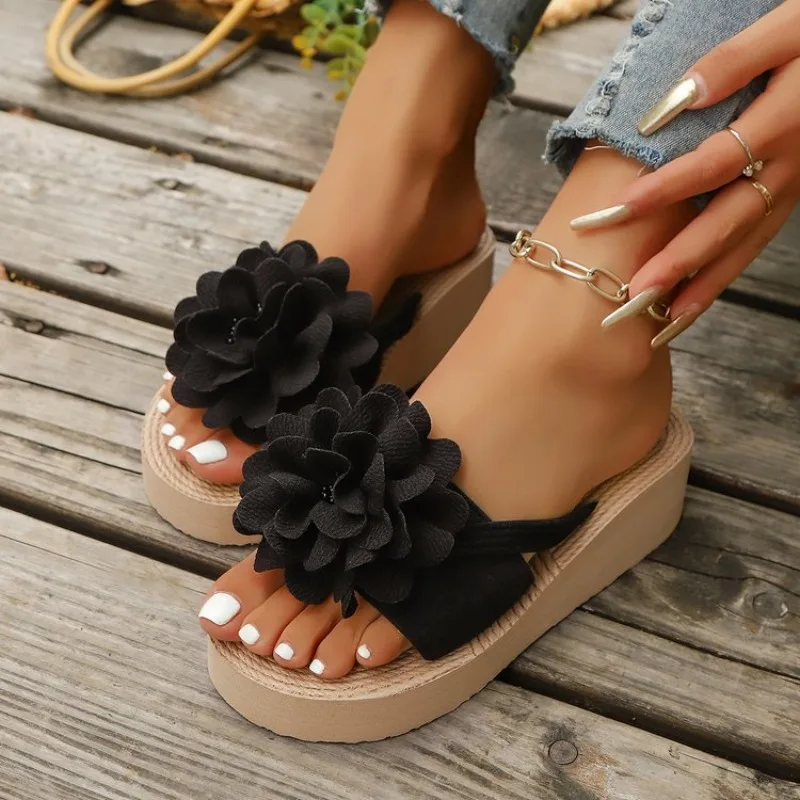 Summer Round Toe Lightweight Sexy Comfortable Casual Slippers for Women Fashion New Thick-soled Flower Elegant Heeled Slippers