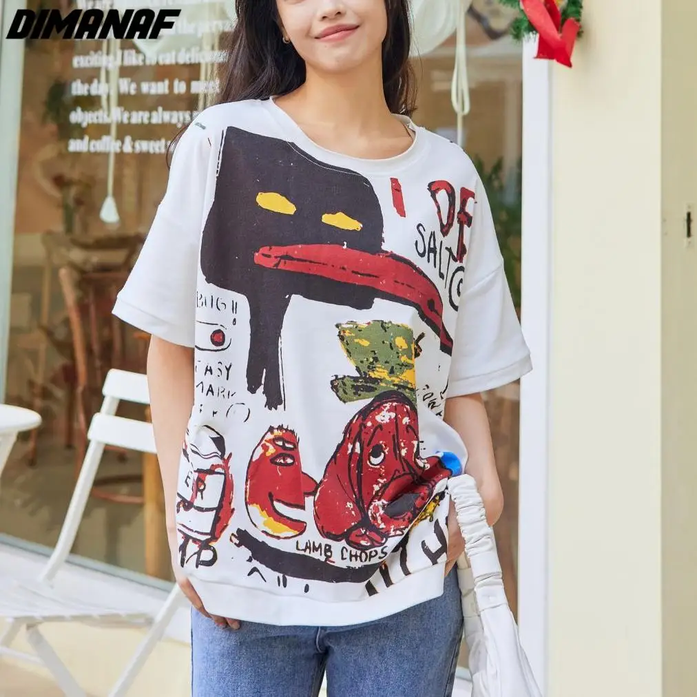 Dimanaf 2024 New Plus Size Summer Women Hoodies & Sweatshirts Short Sleeve Loose White Cartoon Basic Tops T-Shirt New Pullover