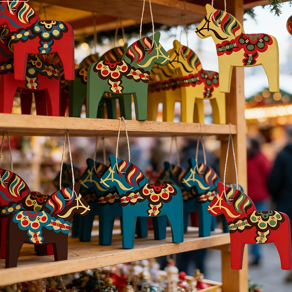 Juego de 6 Adornos de Caballo de Madera Coloridos, Pintados a Mano, Adecuados para Decoración Interior/Exterior, Colgante de Arte, Decoración de Porche