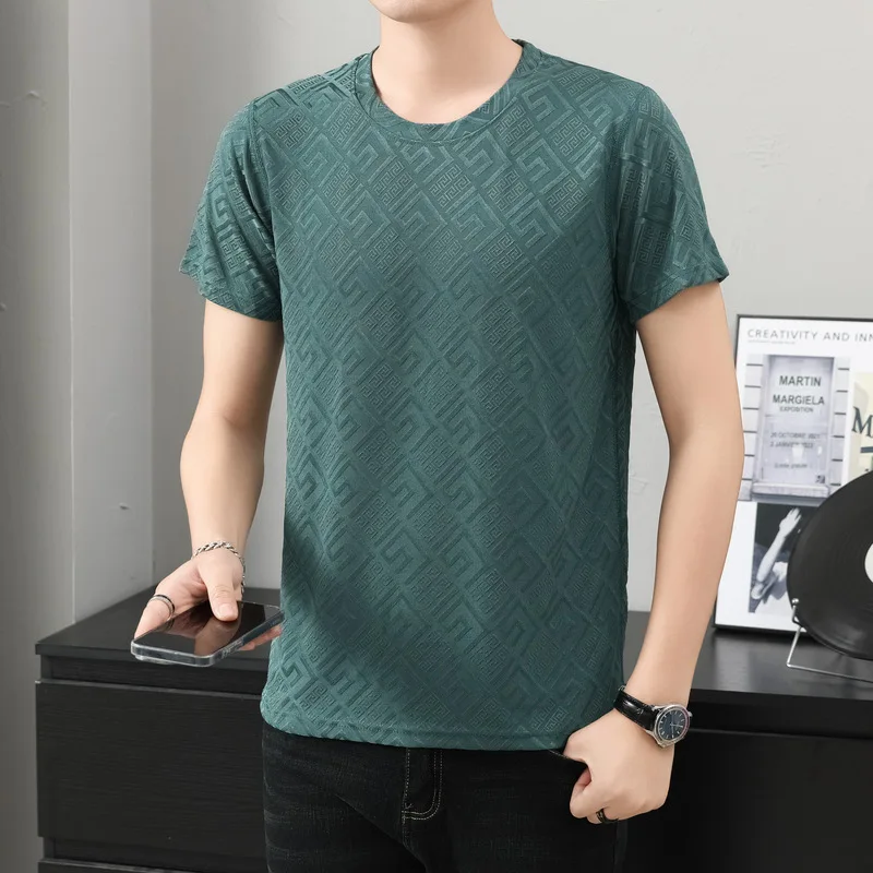 

Summer Ice Silk Men's Sleep Top Jacquard Short Sleeve T-shirt High End Brand Fashion Jacquard Cool Breathable Round Neck Top