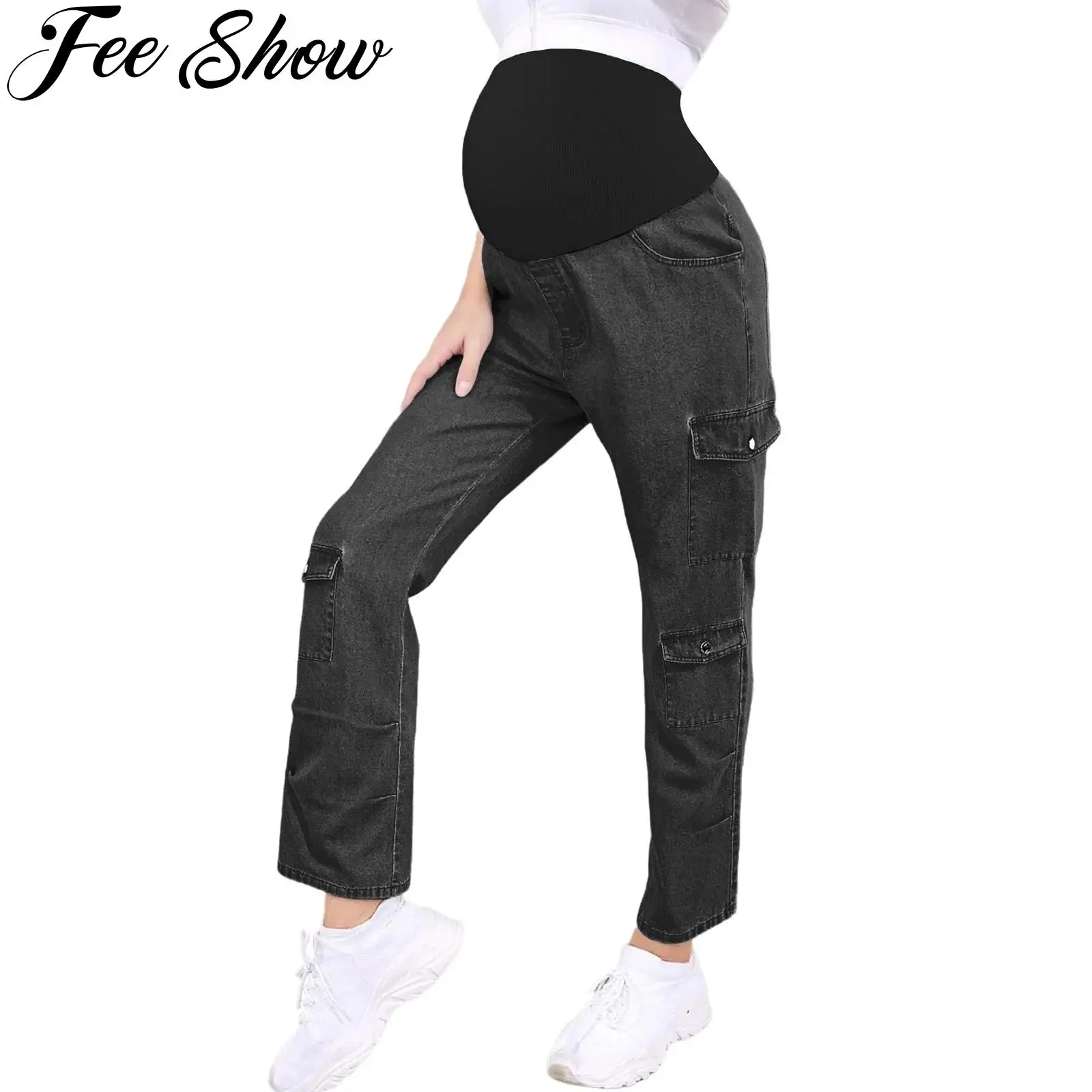 

Женские модные джинсы-карго для беременных, повседневные удобные эластичные прямые джинсовые брюки для беременных с карманами