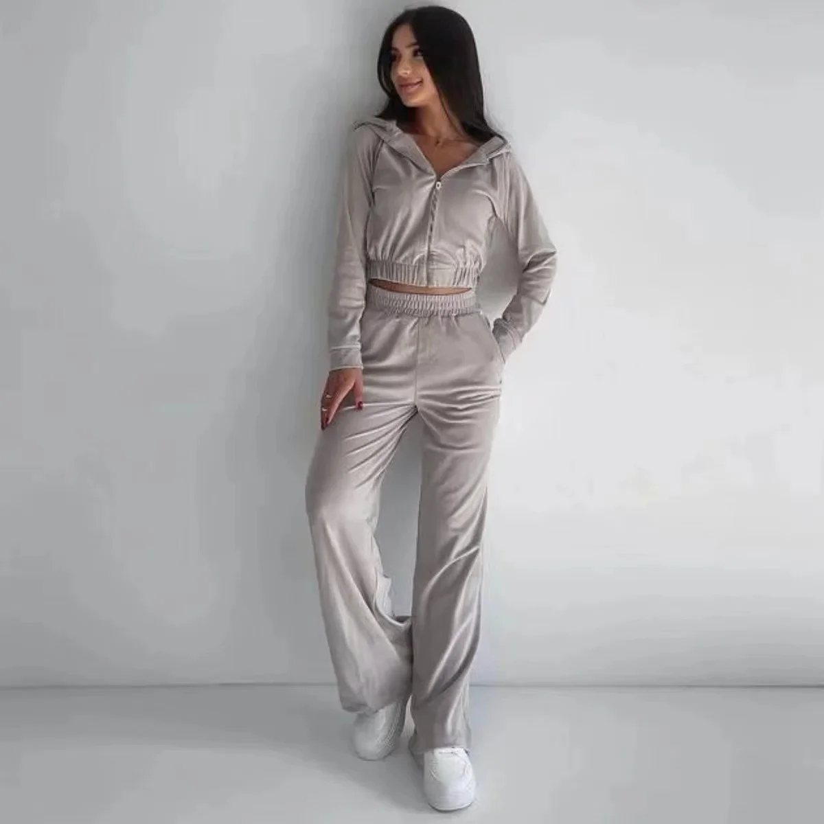 2024 Women\'s Autumn/Winter Casual Long-Sleeved Hoodie Sports Suit Solid Zipper Short Jacket Belted Tracksuit Lady Two-Piece Set