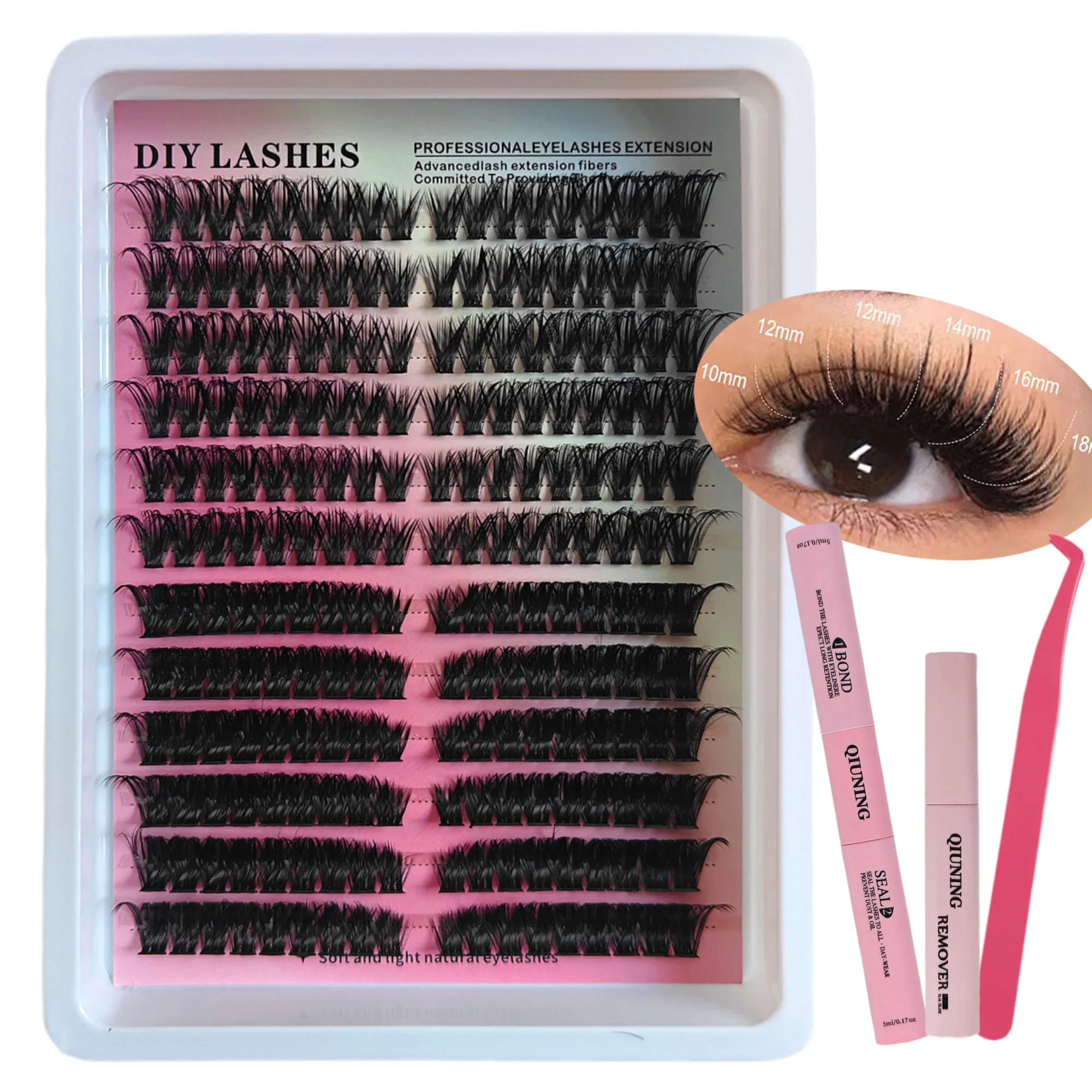 QIUNING Lashes Clusters Kit Cat Eye Lashes Individual Eyelashes with ​​Lash Bond & Seal Full Set Lashes Extension Makeup Tools