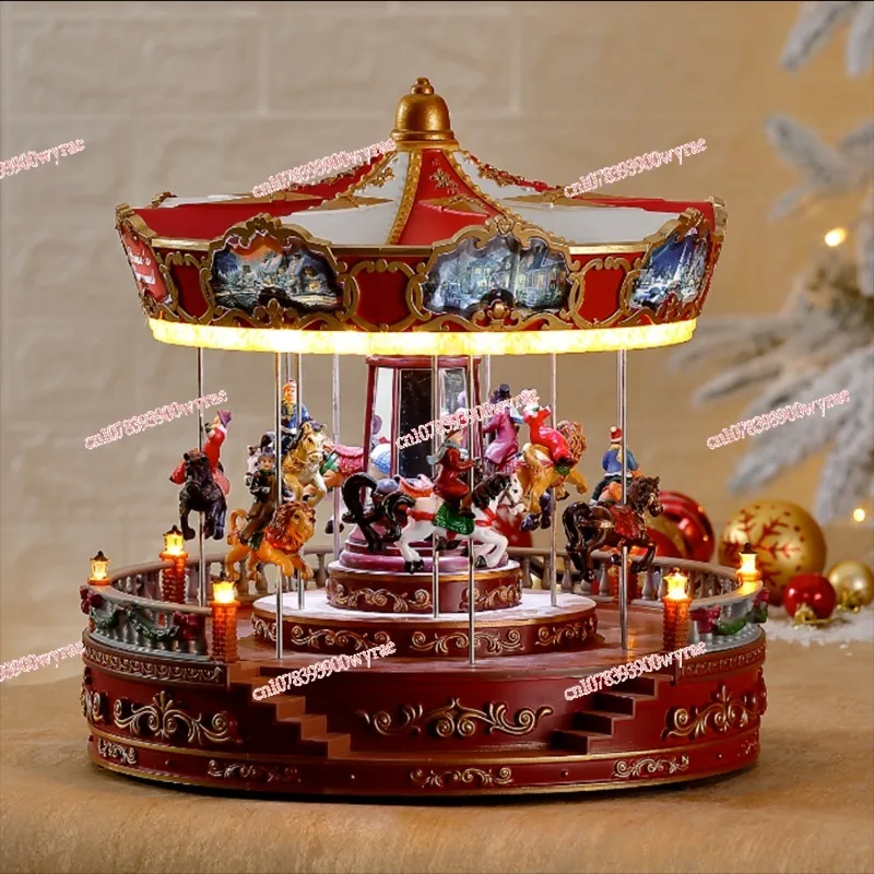 Animated Led Musical Red Noel Christmas Carousel Music Box for Christmas Holiday Decoration