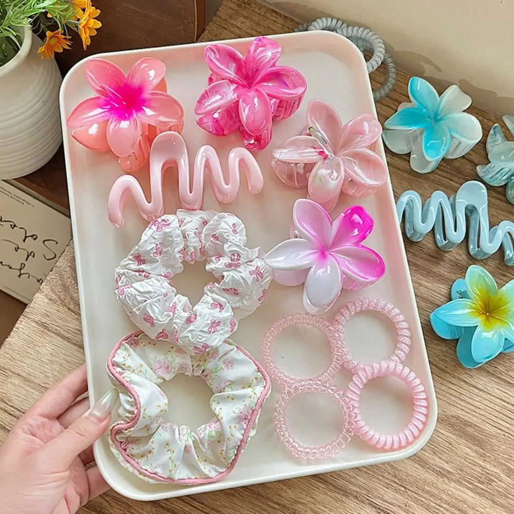 

11pcs/Set New Plumeria Hawaiian Hair Clamps Set Colorful Rubber Band Wave Shark Clips Elastic Ponytail Holder Hair Accessories