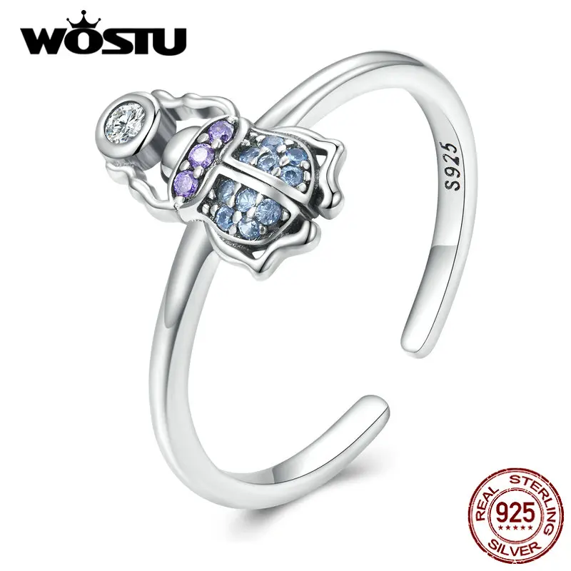 WOSTU 925 Sterling Silver Colorful Zircon Scarab Downward Adjustable Ring Lovely Insect Adjustable Ring Party Jewelry Gift