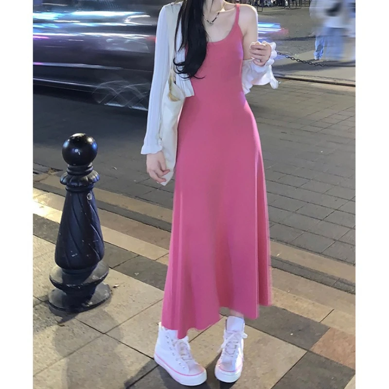 

Long Dress Women Sling Dresses A Line Vestidos Y2k Streetwear Round Neck Bodycon Sleeveless Slim Fit Elegant Splice Night Party