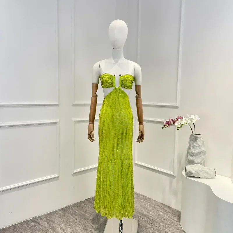 

2023 Summer Autumn Green Slim Sexy Diamonds Sleeveless Midi Camisole Dress for Women Fashion
