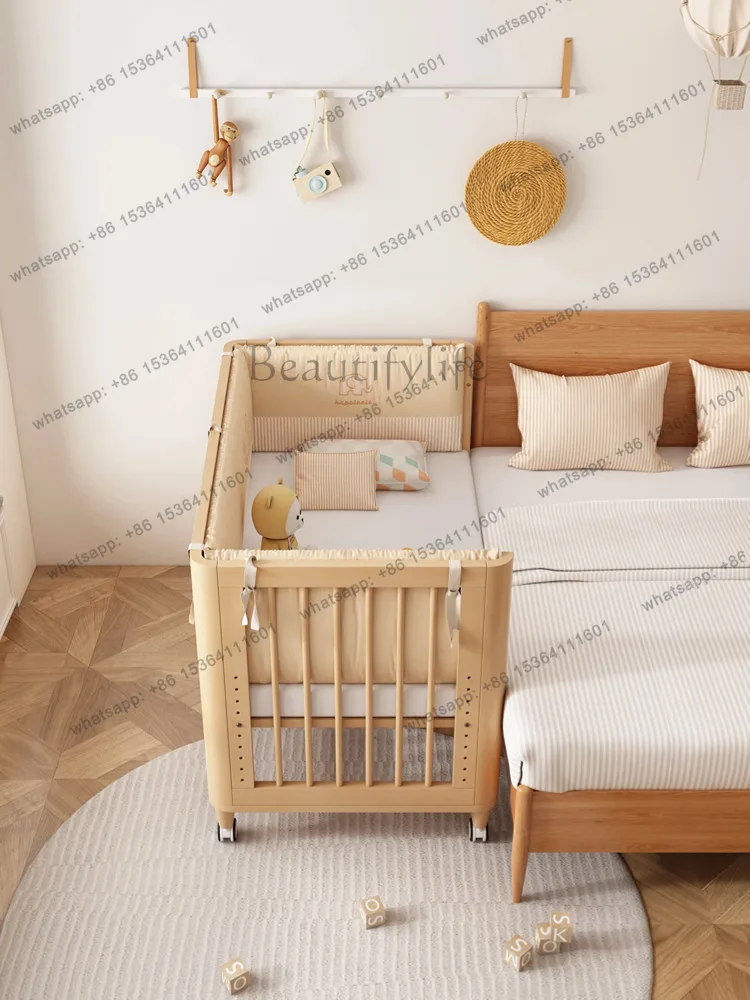 Splicing large bed movable solid wood widened small bed with guardrail