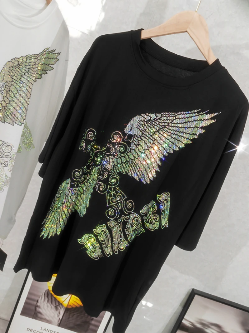 Rhinestone Eagle Luxury Big Size T Shirt Cotton 150KG Plus Size Women Men Brand T-shirt Summer Loose Fit Black Women\'s Clothing