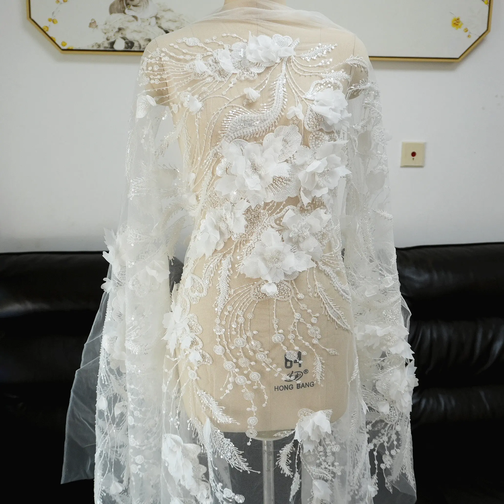 

3D-вышивка пайетками, кружево, белая ткань для свадебного платья, аппликация, бисер, цветочный узор, материал для рукоделия