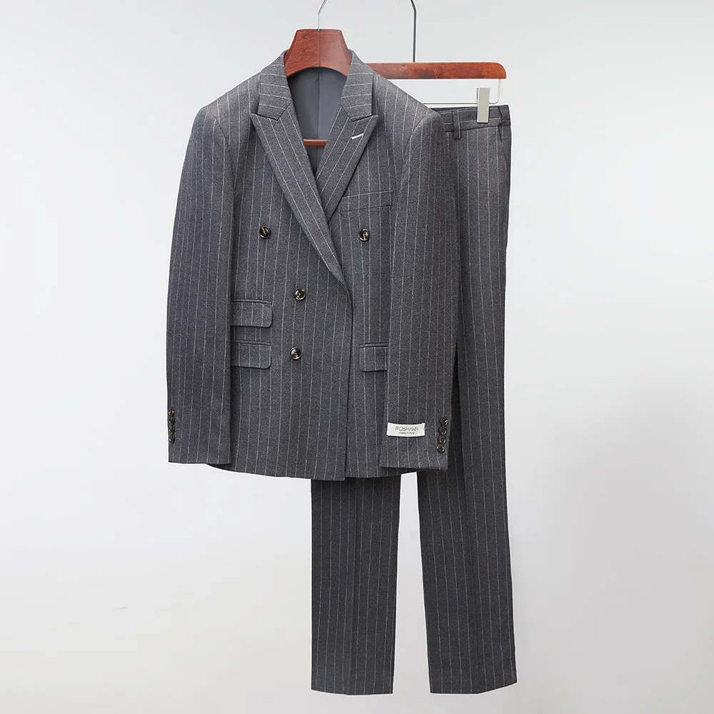 

S071912Male boutique striped casual Korean version slim suit two-piece set