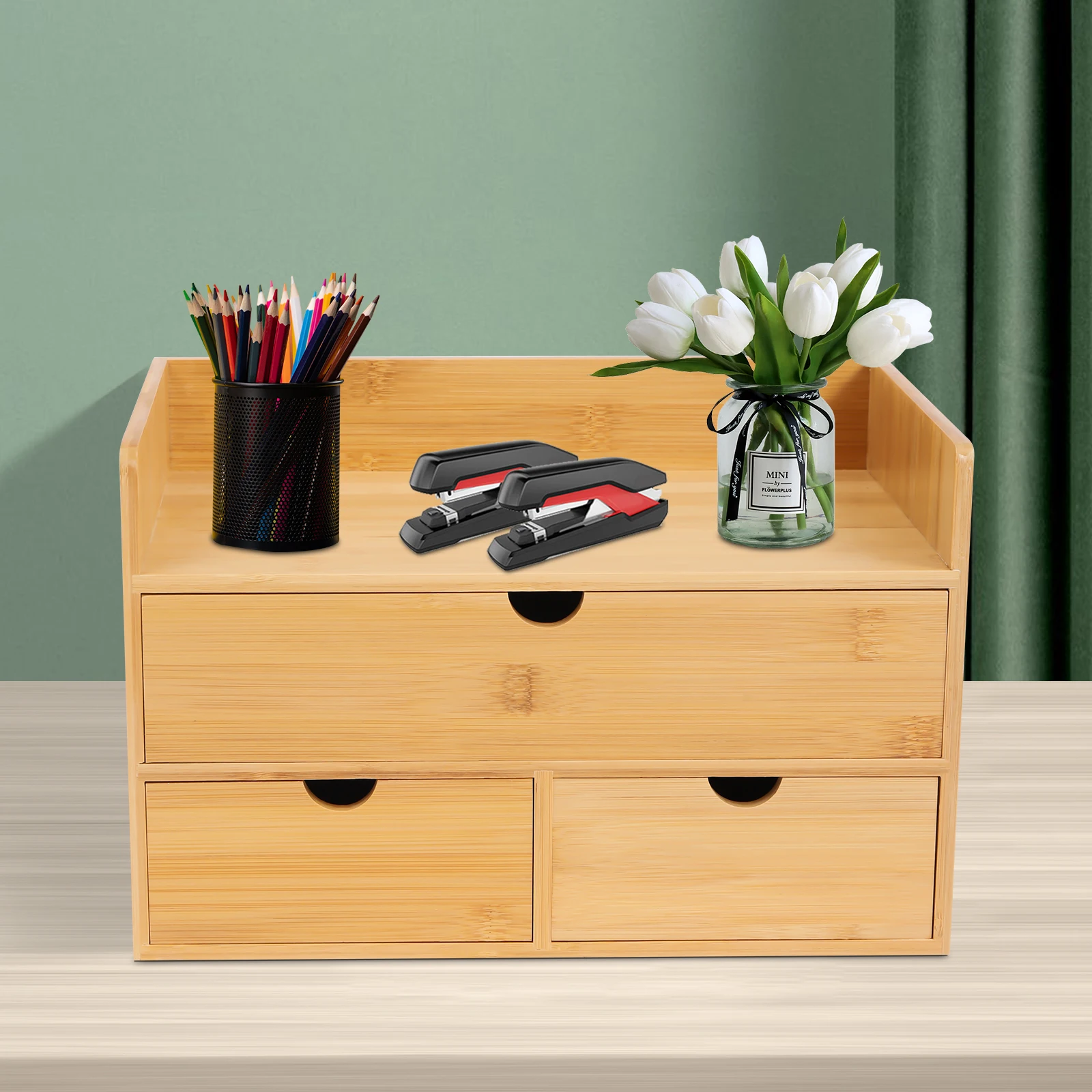Bamboo Desk Organizer W/ 3 Drawers Tabletop Cosmetic Storage Simple Design For Stamps, Notes, Paper Clips, Scissors, Bills, etc