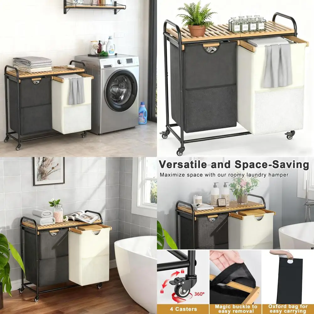 

2-Section Rolling Laundry Hamper with Removable Shelf and Pull-Out Bags, 46L Capacity for Laundry Room and Bathroom