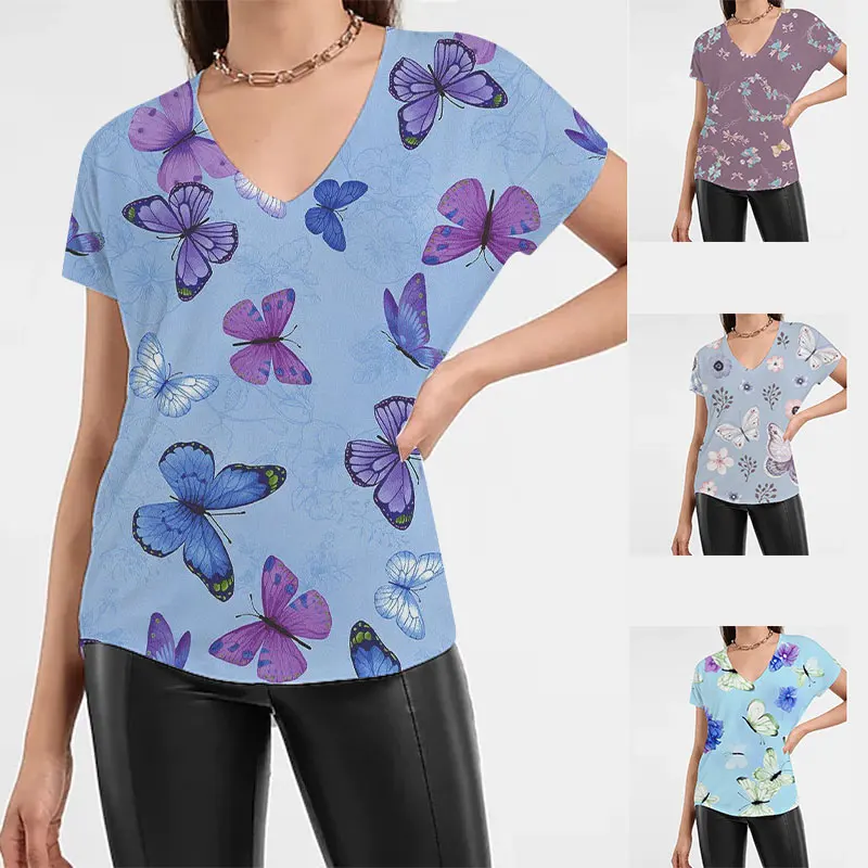 

2023 Summer 5XL Women's T-Shirt Butterfly Print Casual Fashion V Neck Pullover Short Sleeve Tees Loose Daily Tops Design Clothes