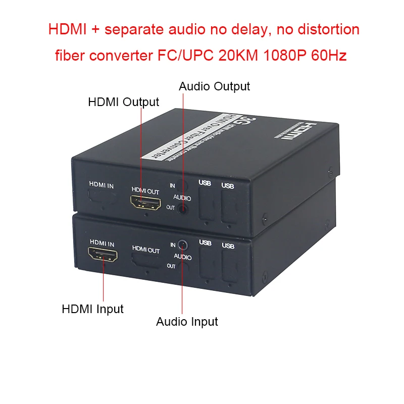 H-DMI Audio para Fiber Optic Media Converter, transmissor receptor com entrada de áudio externa, vídeo descompactado, 1-ch