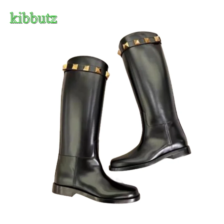 Studded Leather Straight Boots,Comfortable Round Toe Low Heel Knee High Boots Women Shoes Winter 2023 New Zapatos Para Mujere