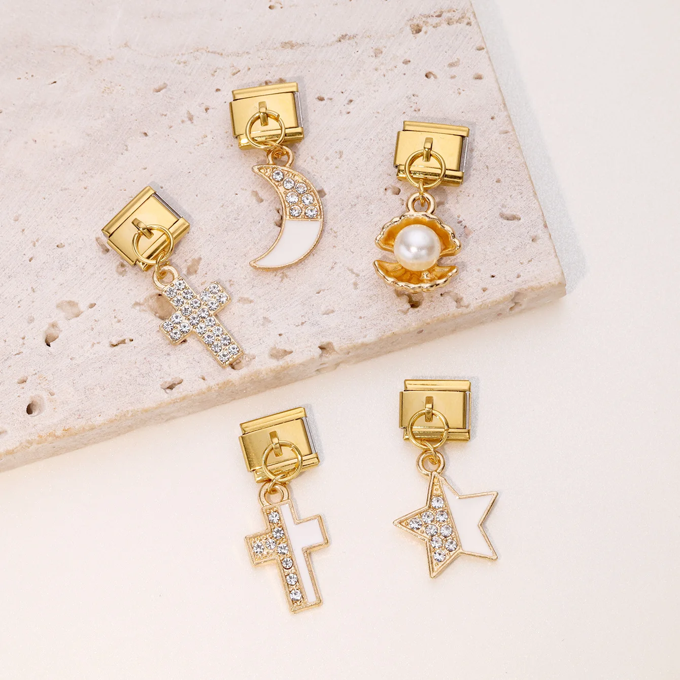 

Fashion Zircon Moon Star Cross Shell Pendants fit 9mm Italian Charm Module Stainless Steel Bracelet for Woman Men DIY Jewelry