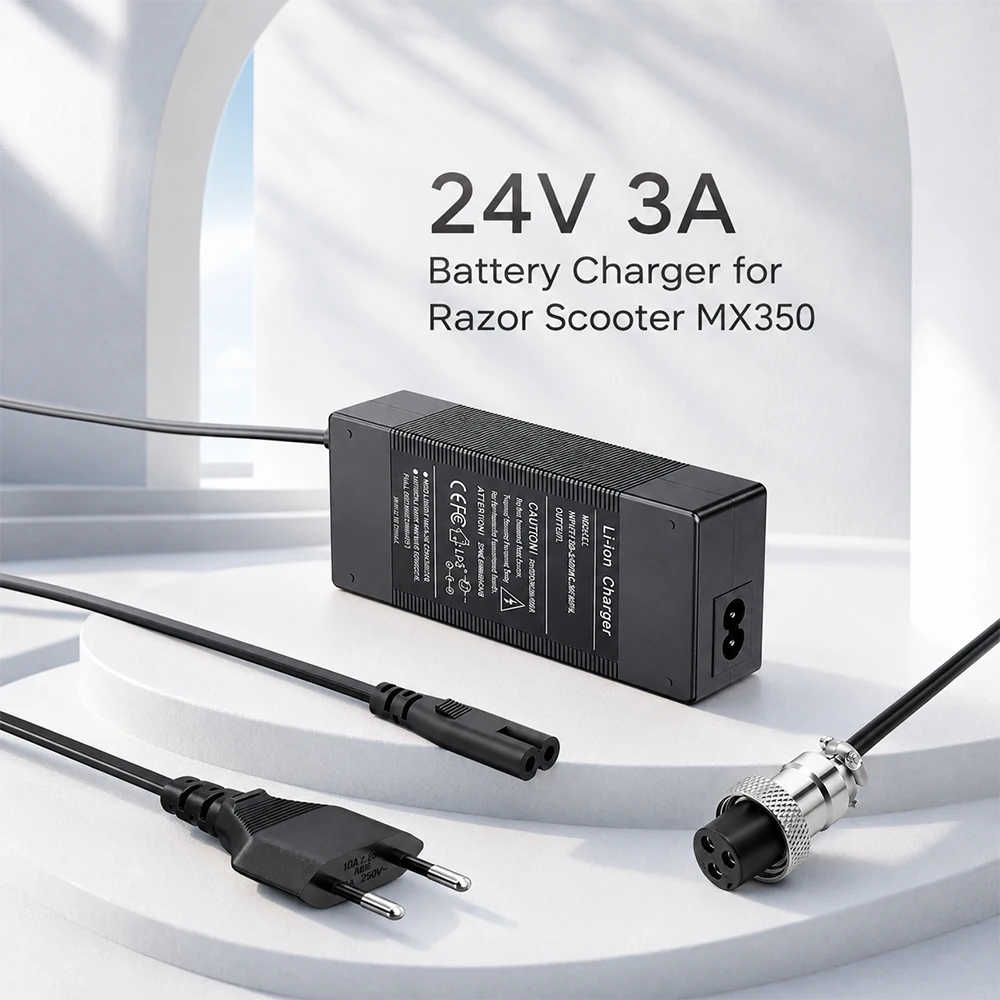 24V 3A Scooter Charger for Razor MX350 Dirt Bike E100 E200 E300 MX400 Pocket Mod Crazy Cart Rider 360 Dirt Quad ATV Go-Kart Plug