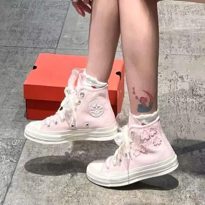 Womens Embroidery Canvas Sneakers Cherry Pink, Soft Silk Shoelace Design Low & High Top Casual Student Skate Footwear view 4