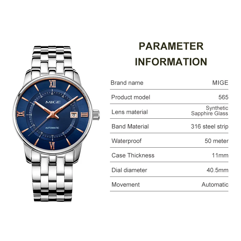 MIGE Brand Watches for Men Automatic Self Winding Mens Watch Stainless Steel Calendar Waterproof Men Mechanical Wristwatches