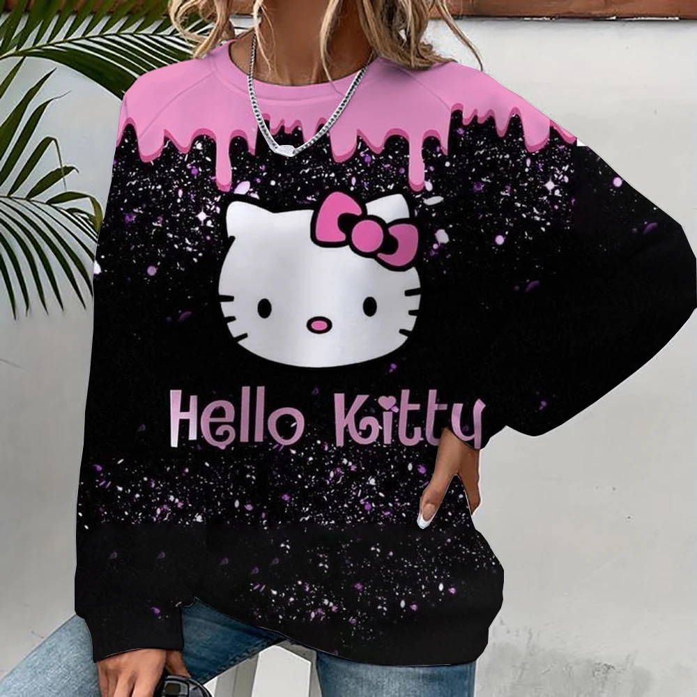 Women's Hello Kitty Coulomi Printed Sweatshirt, High Street Women's Hoodie, Y2K Pattern Clothing, Casual Round Neck Sweater