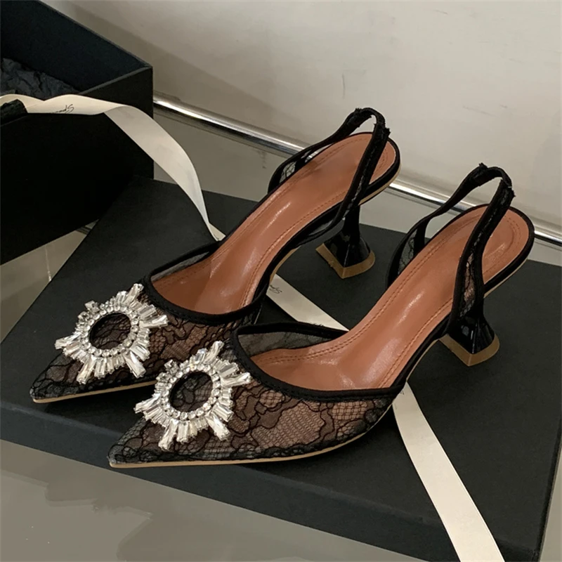 Eilyken Design Style Crystal Breathable Mesh Pointed Toe Women Pumps Elegant Slingbacks High Heels Party Prom Mule Shoes
