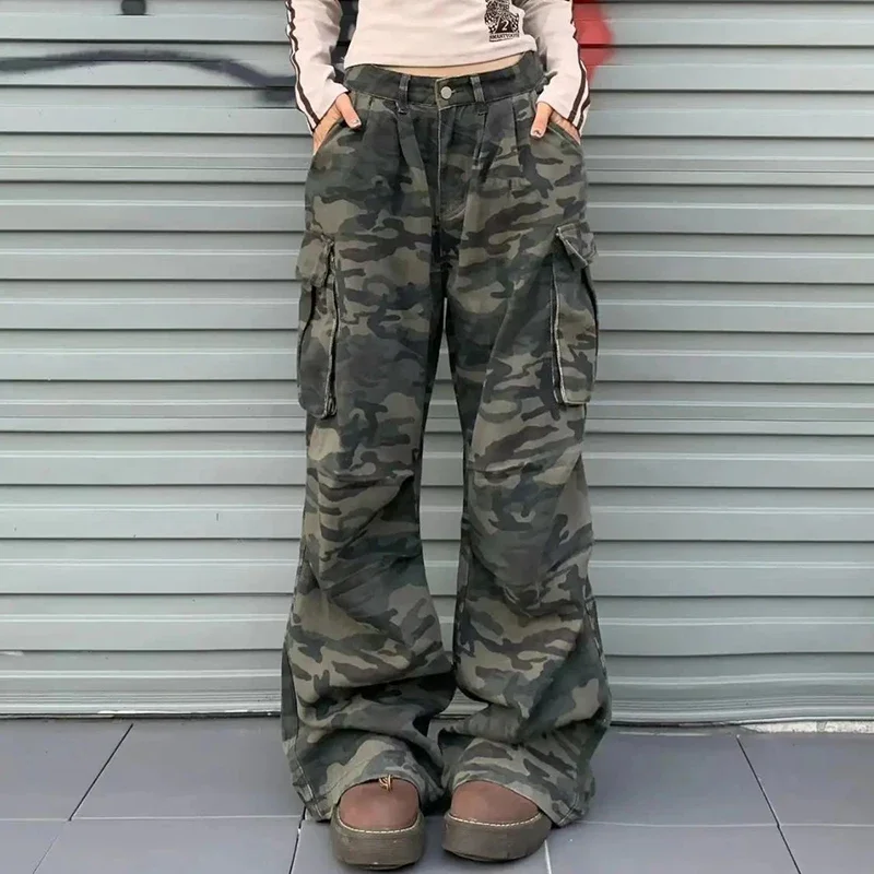 

Y2K hot girl fashion trend street large pocket work camouflage jeans retro wide legs woman street wear loose jeans