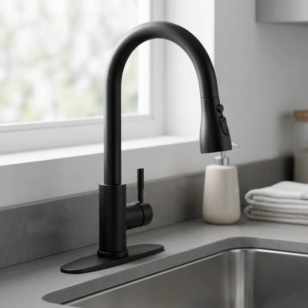 Stainless Steel Kitchen Faucet with Integrated Pull Down Sprayer and Selectable Stream Spray Pause Options for Indoor Use