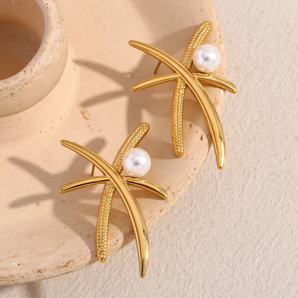 

E.B.belle Stainless Steel Exaggerated Cocount Tree Pearl Earrings For Women 18K Gold Plated Party Wedding Fashion Jewelry