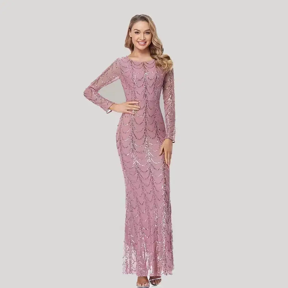 

2024 Summer New Slim Fit Banquet Fishtail Dress Elegant Party Banquet Sequins Long Sleeved Round Neck Evening Dress