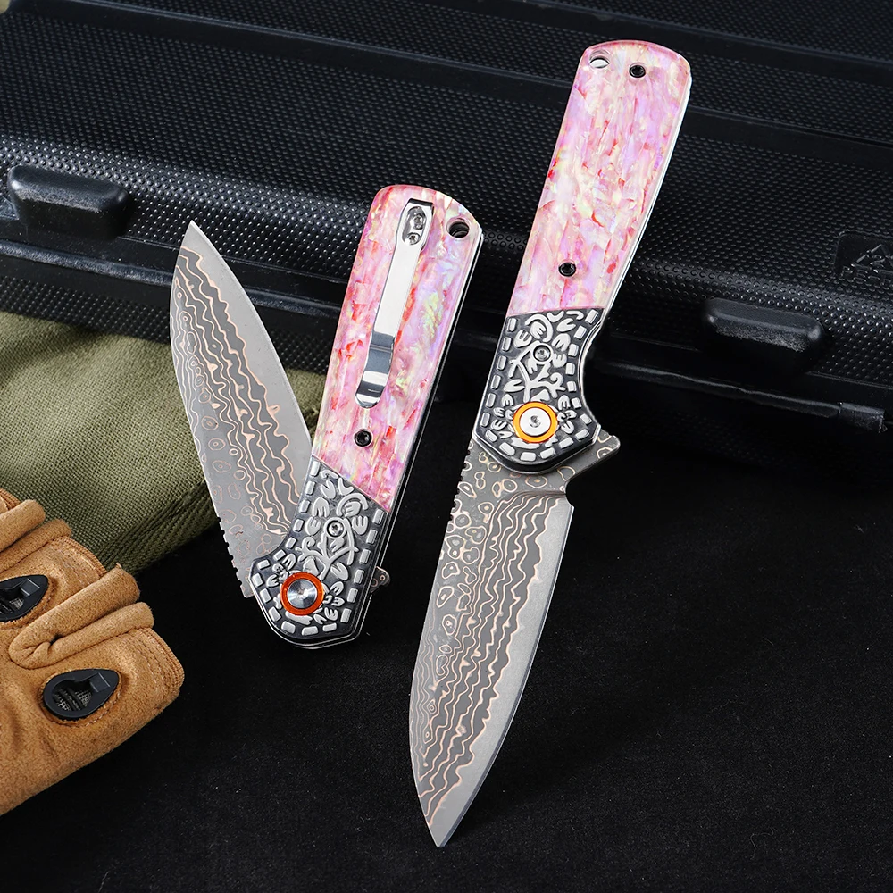 Yellow copper Damascus Folding Knife pink shell Handle for Outdoor Hiking Fishing Camping Knife pocket clip EDC Tool DM049