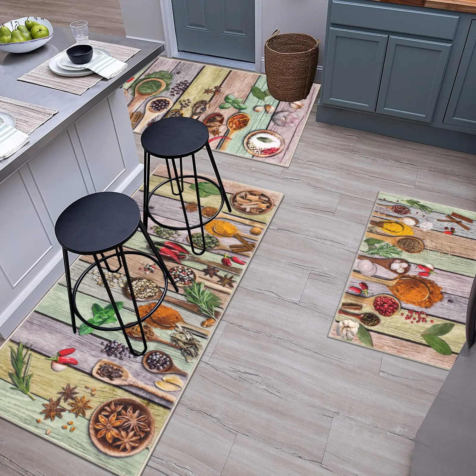 VIKAMA 3-Piece Bohemian Kitchen Rug Set Machine Washable Kitchen Mat Suitable for Floors Kitchen Rug Mat Ideal for Kitchens