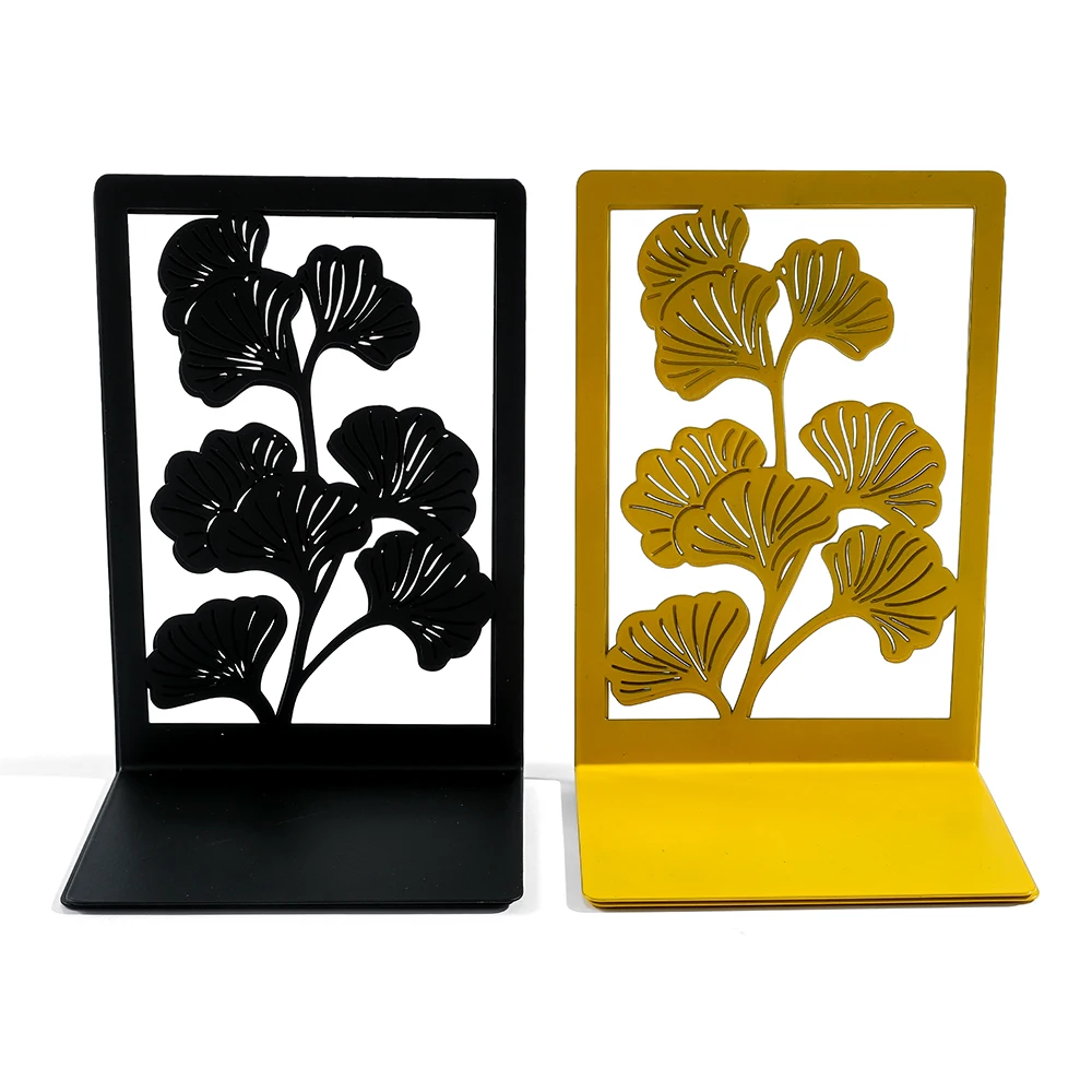 1Pair Vintage Ginkgo Leaf Bookends Hollow Plant Office Table Retractable Book Holder Exquisite Black & Yellow Book Support Gift