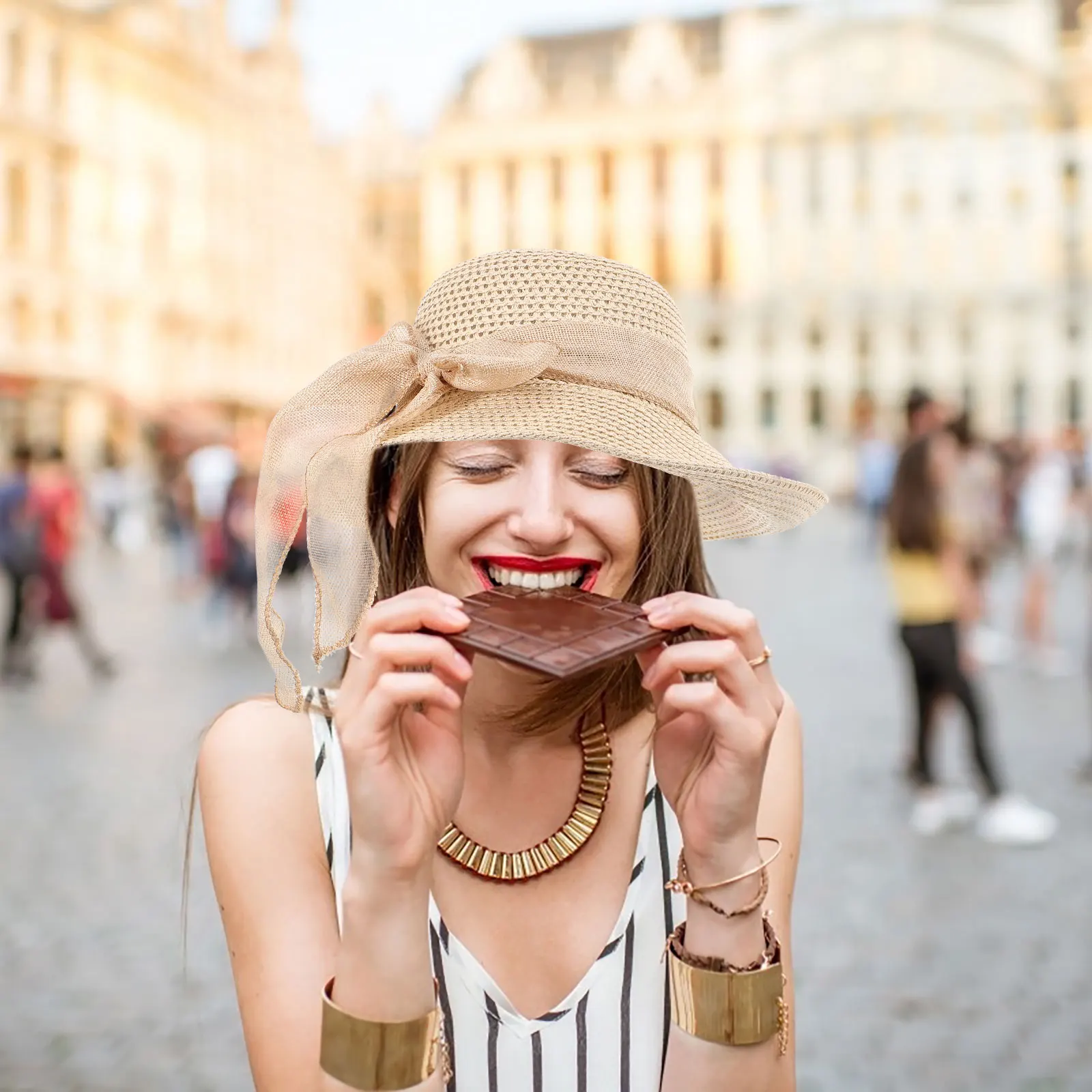 

1pc Fashion Sun Hat Women Straw Wide Brim Sun Protection Cap Bowknot Design Beach Casual Summer Outdoor Daily Wear Cap Hat