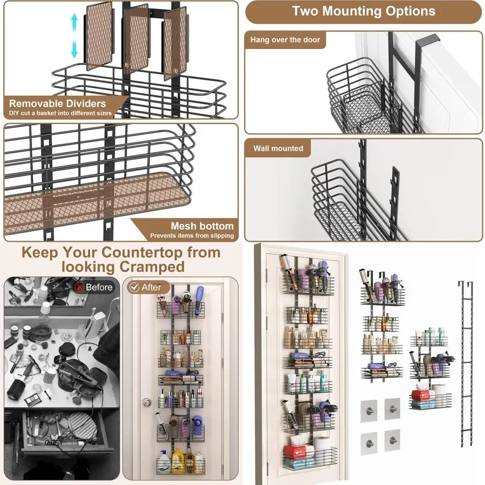 

7-уровневый органайзер для душа, подвесной и настенный органайзер для инструментов для волос/держатель для фена, регулируемый, для установки за дверью