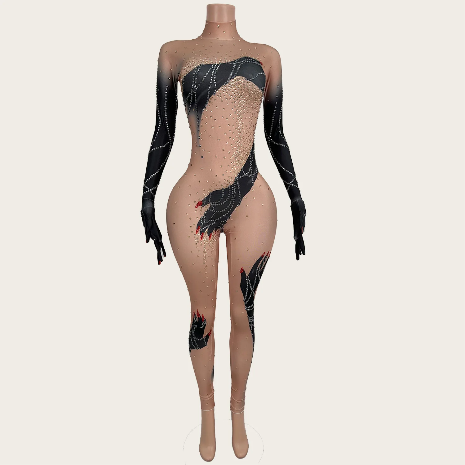 Sparkly Rhinestone Sheer Mesh Jumpsuit Birthday Celebrate Party gig Singer Show Outfit Sexy Women Tight Fitting Jumpsuit Moshou
